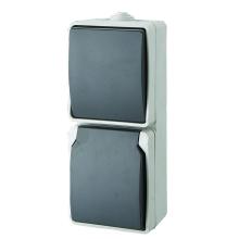 9878H - AQUATOP 9878H falon kívüli váltókapcsoló és csatlakozóaljzat, 1 billenő, 1 aljzat, függőleges elhelyezkedés, 10 A/16 A, IP54, szürke