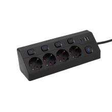 KNVK04KUSBC - HOME KNVK04KUSBC 4-es elosztó, aljzatonként kapcsolható, max. 3680 W, 2 méter, fekete, 2xUSB-C, 2xUSB-A